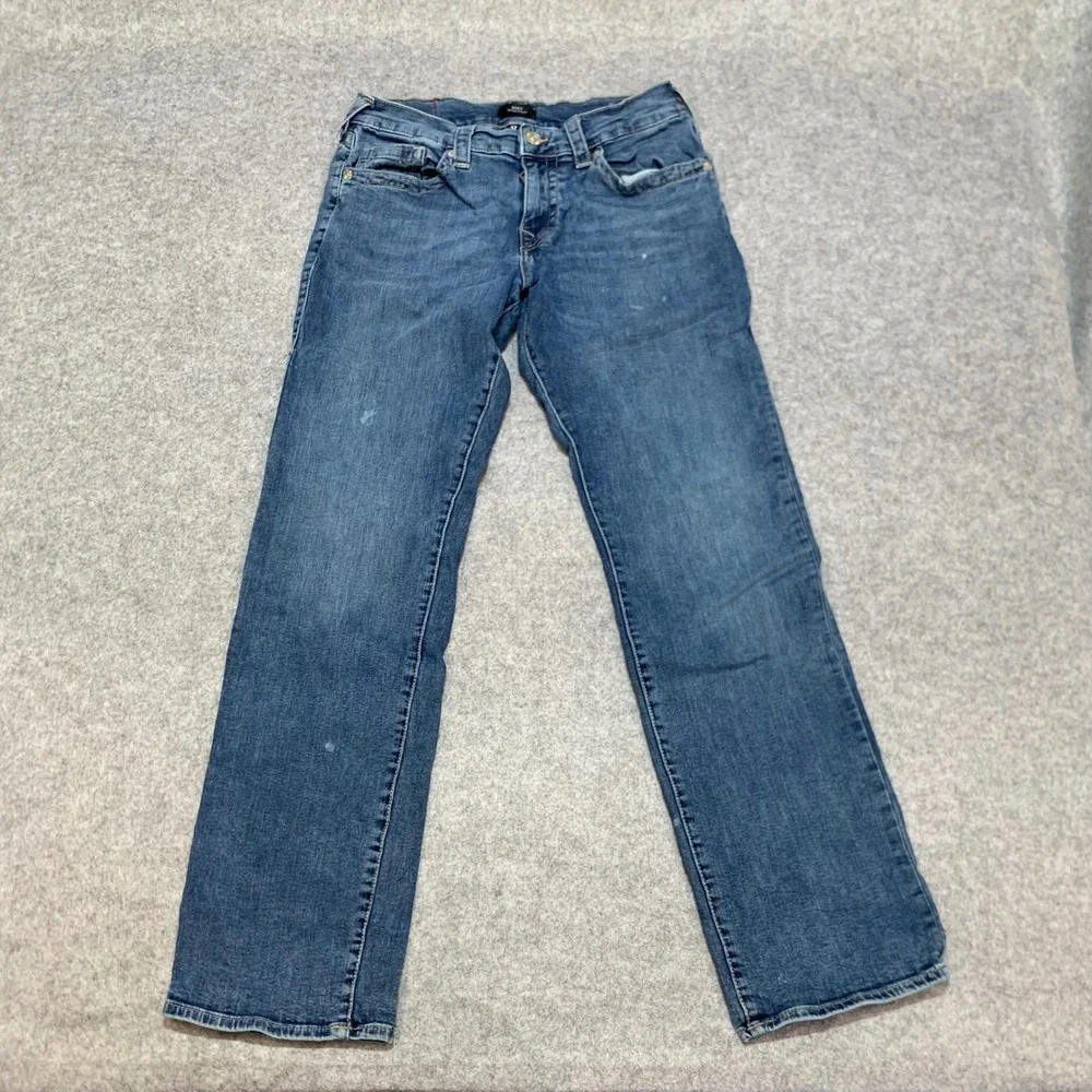 True Religion Ricky Relaxed Straight Jeans Mens 32 Medium Wash Denim Paint Marks